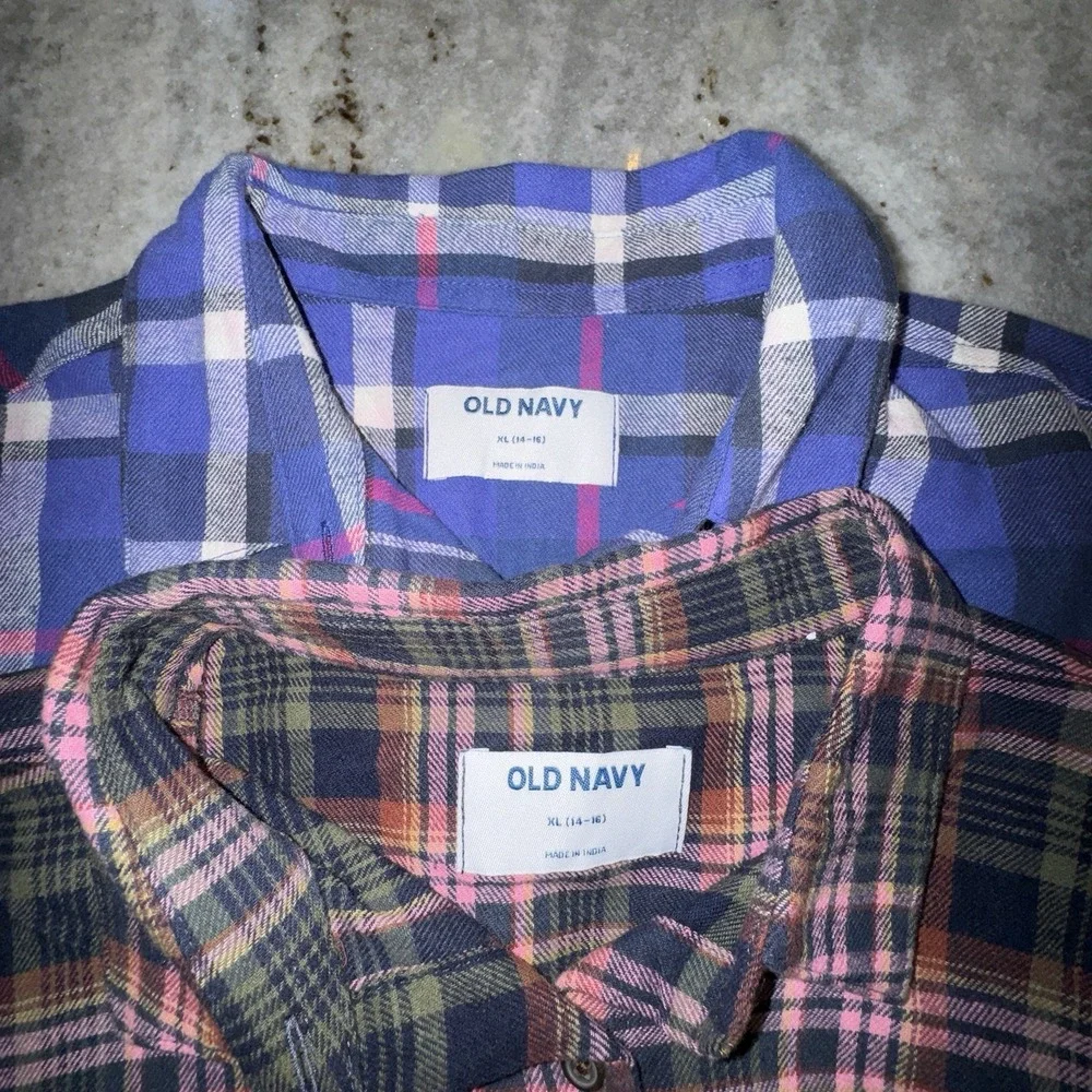 Bundle Of 2 NWT Old Navy Youth Girls XL 14/16 Plaid Flannel Shirts Colorful Boho
